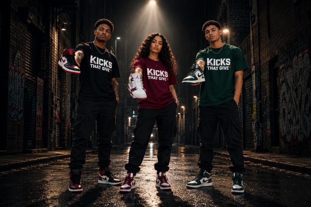 3 person standing holding shoes in their hands