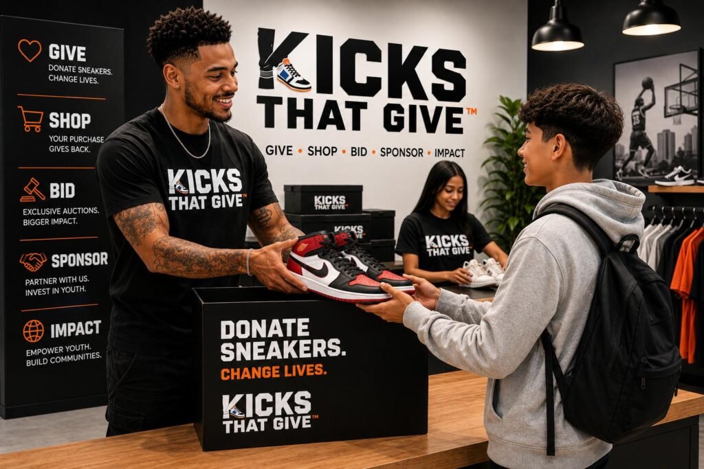 a man handing over a shoes to a boy