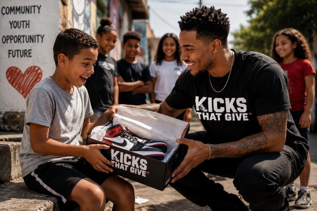 a man handing over shoes to a boy
